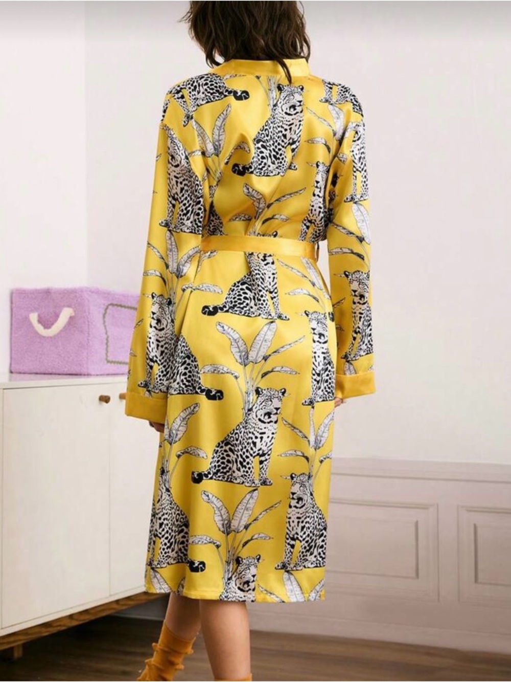 •Lounging in Leopard• Yellow Animal Print Satin Kimono Robe | Belted Loungewear - Picture 2 of 3